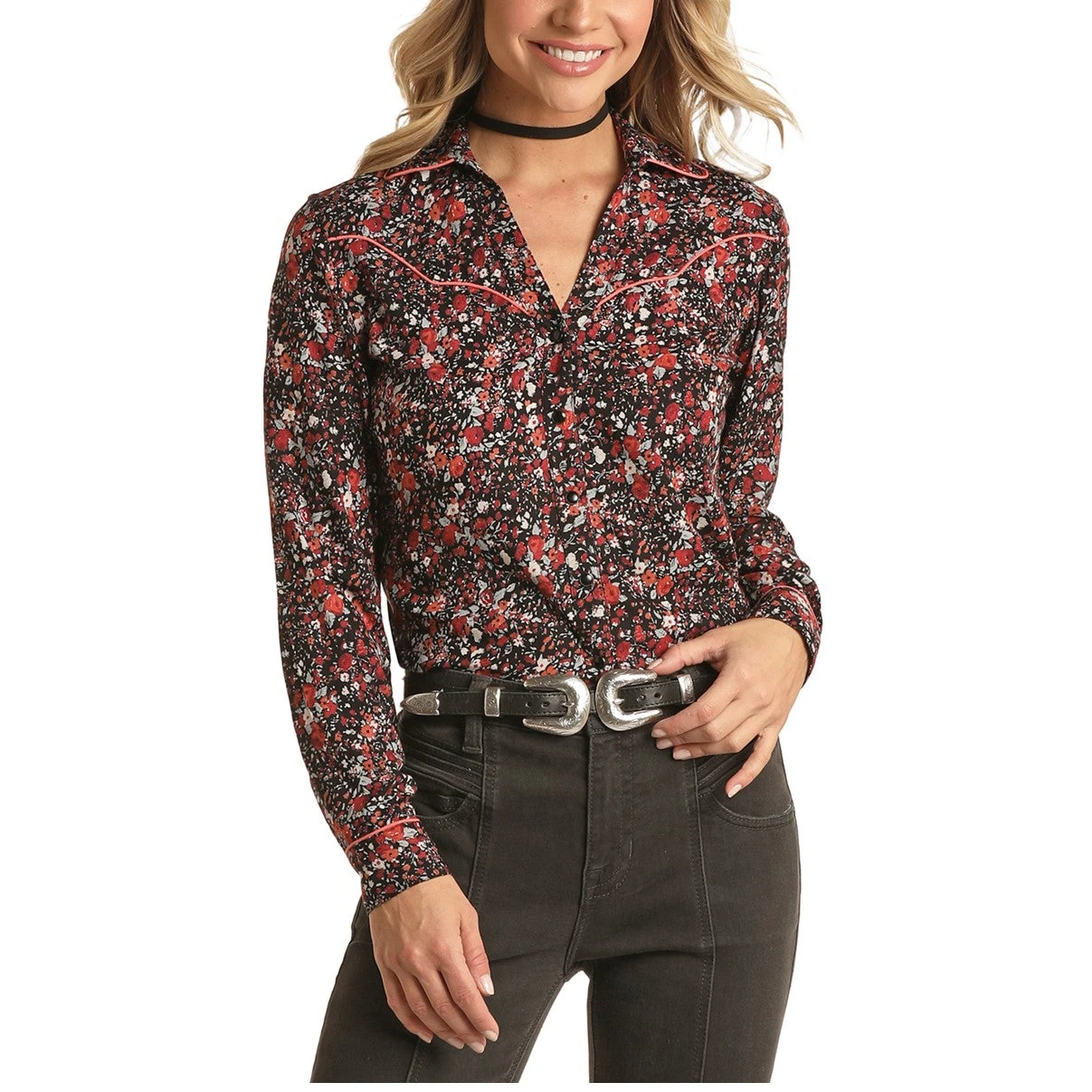 Panhandle® Ladies Floral Print Black Snap Shirt 22S1916-01 1 Panhandle® Ladies Floral Print Black Snap Shirt 22S1916-01