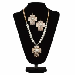 Blazin Roxx® Ladies White Etched Brown Cross Beaded Jewelry Set 29179