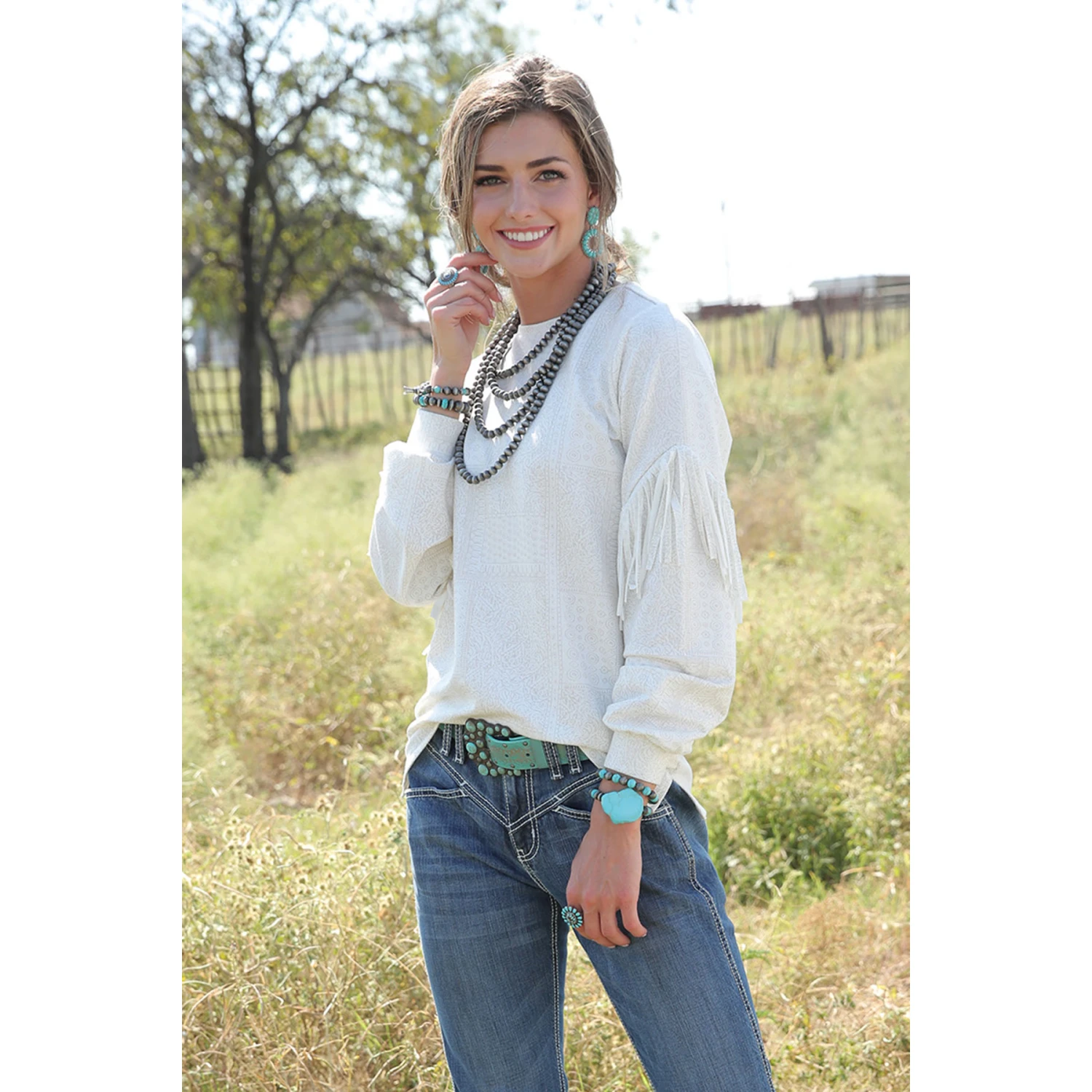 Cruel Denim® Ladies White Paisley Print & Fringe Shirt CTK7416001 1 Cruel Denim® Ladies White Paisley Print & Fringe Shirt CTK7416001