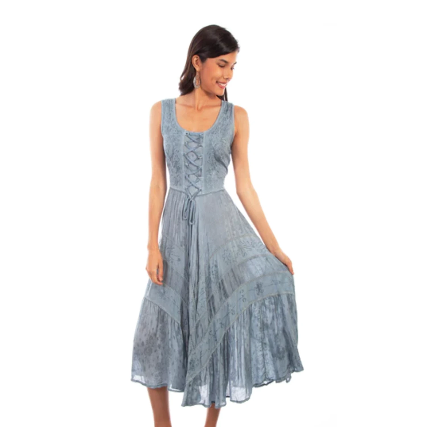 Scully® Ladies Ash Grey Lace Up Peasant Tiered Dress HC118-ASG 1 Scully® Ladies Ash Grey Lace Up Peasant Tiered Dress HC118-ASG