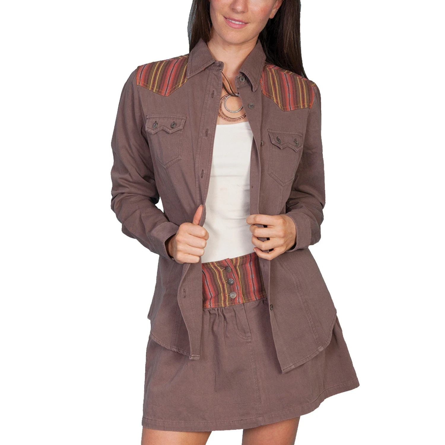 Scully Ladies Brown And Serape Stripe Twill Button Down Shirt HC55-BRN 1 Scully Ladies Brown And Serape Stripe Twill Button Down Shirt HC55-BRN