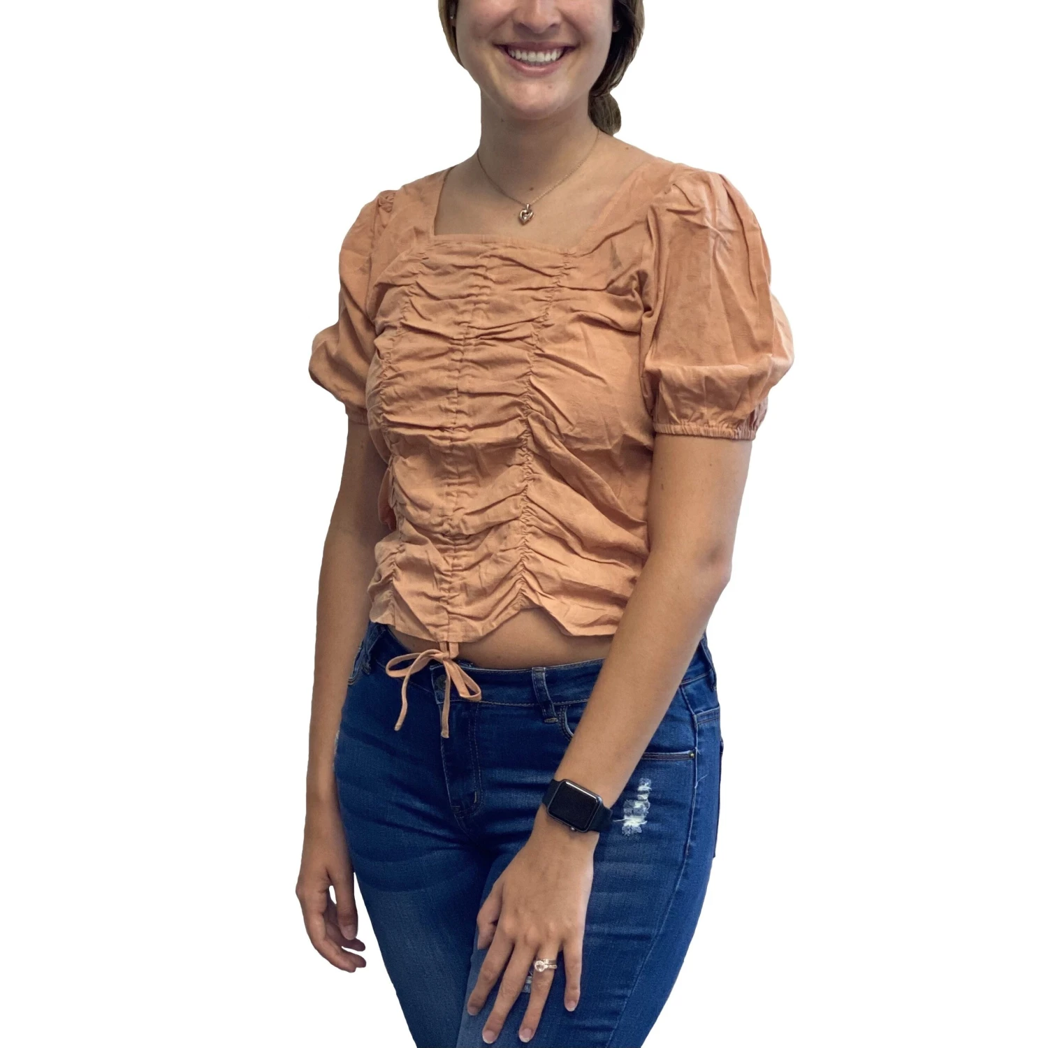 Loveriche Blush Ruched Short Sleeve Crop Shirt LT24859 1 Loveriche Blush Ruched Short Sleeve Crop Shirt LT24859