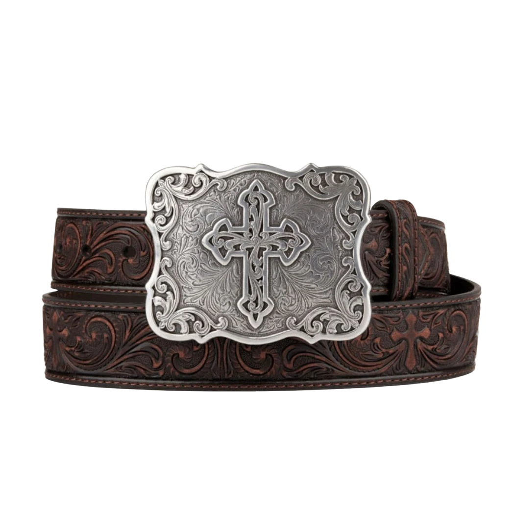 Nocona Ladies Brown Tooled Floral & Cross Western Belt N3483802 1 Nocona Ladies Brown Tooled Floral & Cross Western Belt N3483802