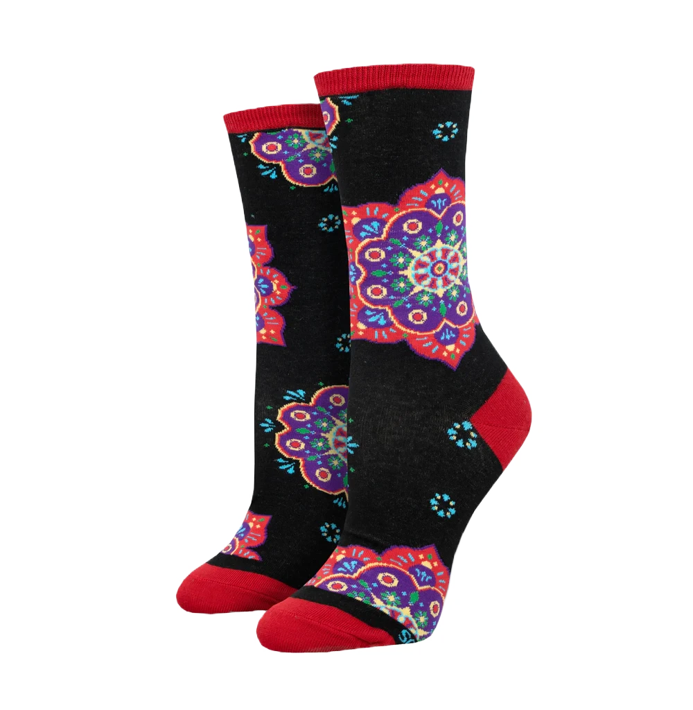 Sock Smith Ladies Mandala Black Crew Socks WNC2965-BLK 1 Sock Smith Ladies Mandala Black Crew Socks WNC2965-BLK