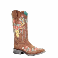Corral Boots Corral Ladies Tan Deer Skull Overlay & Floral Embroidery Boots A3708
