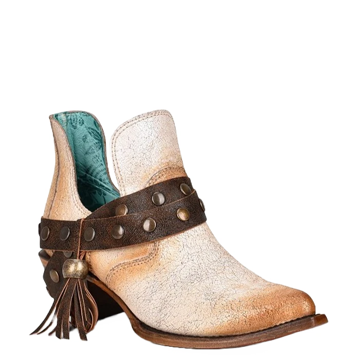 Circle G By Corral Ladies White Strap With Studs & Fringe Booties Z2000 1 Circle G By Corral Ladies White Strap With Studs & Fringe Booties Z2000