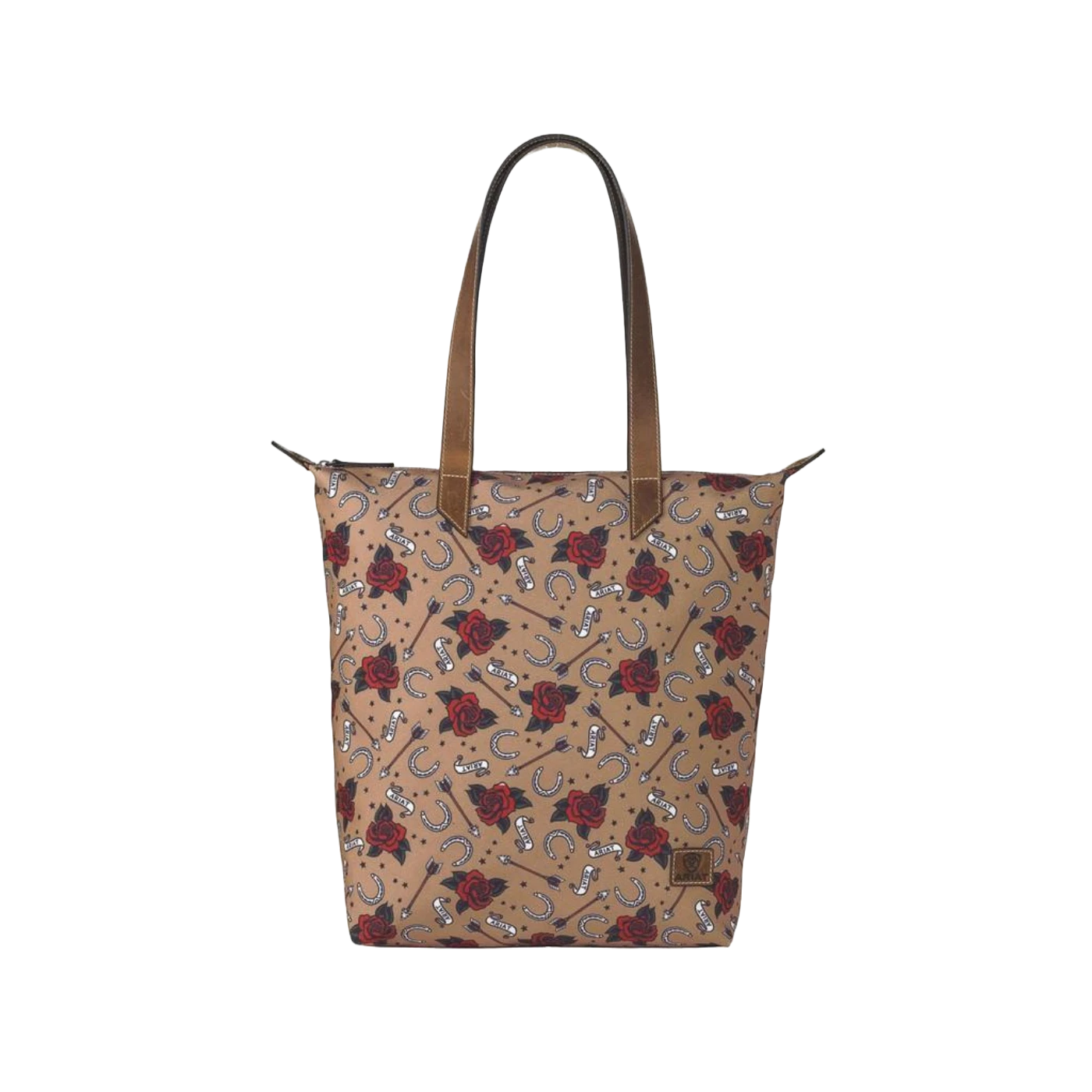 Ariat® Ladies Horseshoe & Roses Graphic Tan Handbag Tote A770005008 1 Ariat® Ladies Horseshoe & Roses Graphic Tan Handbag Tote A770005008