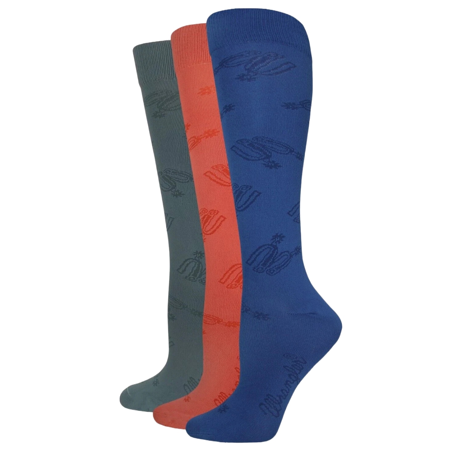 Wrangler® Ladies 3-Pair Spur Strap Pattern Grey/Coral/Denim Knee High Socks 00712-7001-MED 1 Wrangler® Ladies 3-Pair Spur Strap Pattern Grey/Coral/Denim Knee High Socks 00712-7001-MED