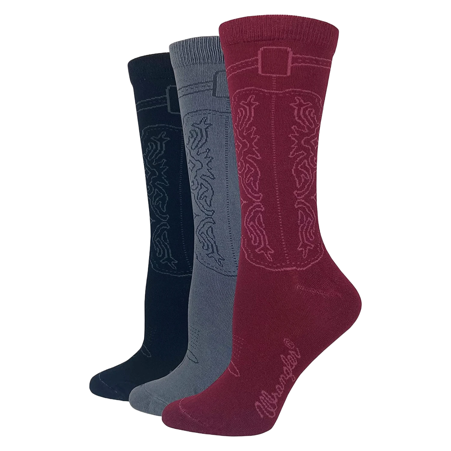 Wrangler® Ladies 3-Pair Black, Grey, & Burgundy Cowgirl Boot Socks 00230-7001-MED 1 Wrangler® Ladies 3-Pair Black, Grey, & Burgundy Cowgirl Boot Socks 00230-7001-MED