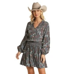 Rock & Roll Denim Ladies Floral Print Tie Neck Navy Dress RRWRD2R0CL