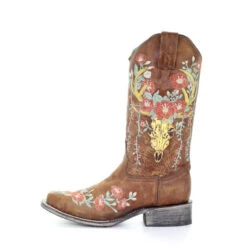 Corral Boots Corral Ladies Tan Deer Skull Overlay & Floral Embroidery Boots A3708 -Western Belle Deals a3708